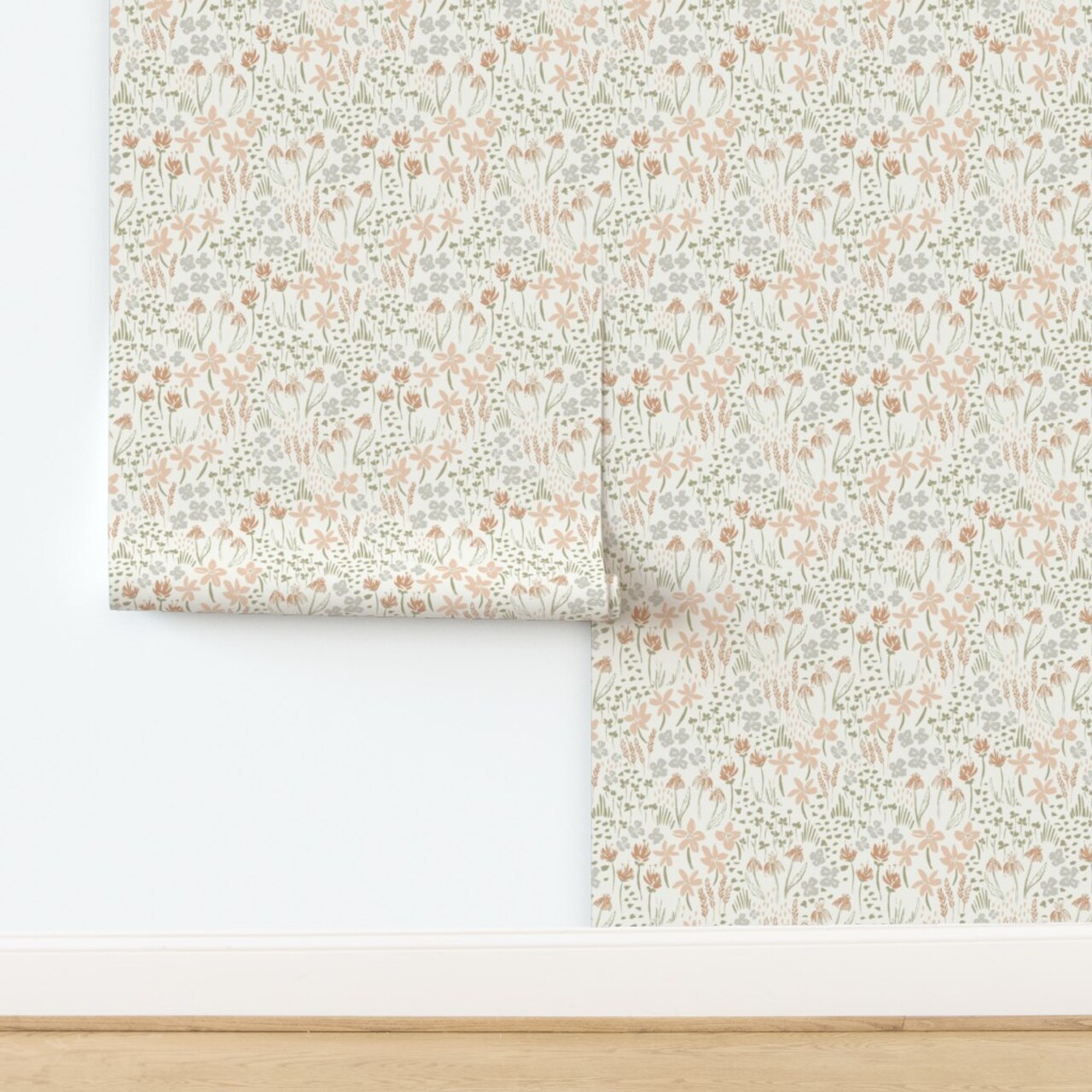 Florals Small Flowers Pastels Weeds Pink Grass Custom Pre-pasted Wallpaper by Spoonflower Pre-Pasted Wallpaper 2FT Wide